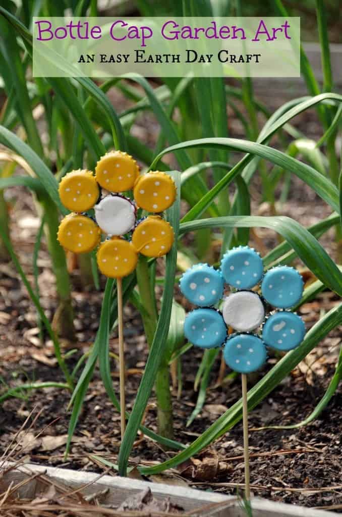 bottle cap garden - Earth Kid Craft - Earth craft for kids – recycle craft for kids - spring craft - acraftylife.com #preschool #craftsforkids #crafts #kidscraft