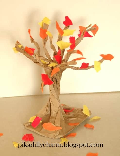 paper bag fall tree kid craft - autumn kid craft - fall kid crafts crafts for kids- acraftylife.com #preschool #craftsforkids #kidscrafts