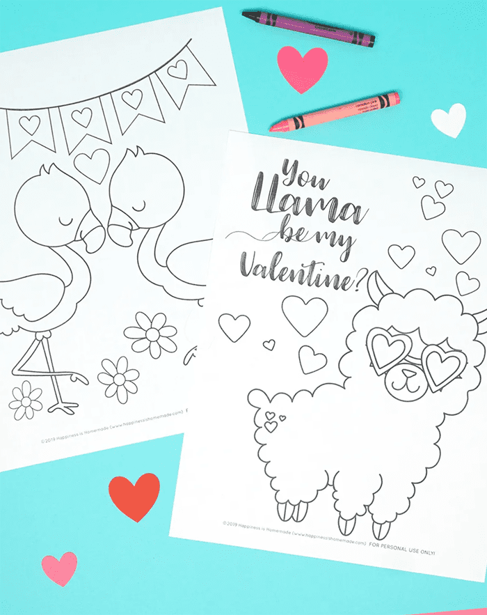 Color a cute llama or flamingo Valentine's Day coloring page printable.