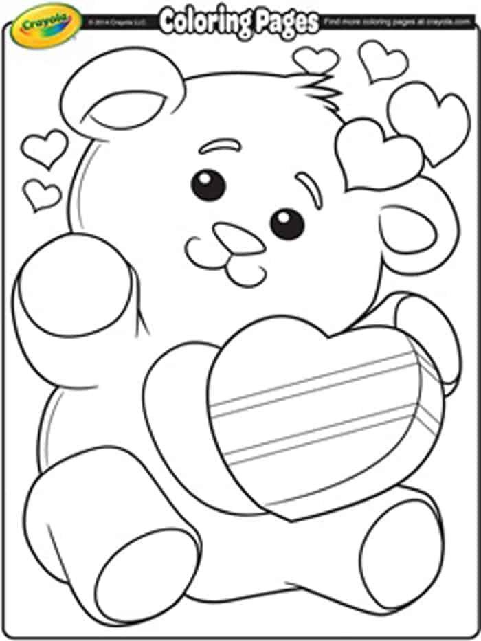 Valentines Day coloring page printable with a cute bear. There are lots of coloring pages to choose from.