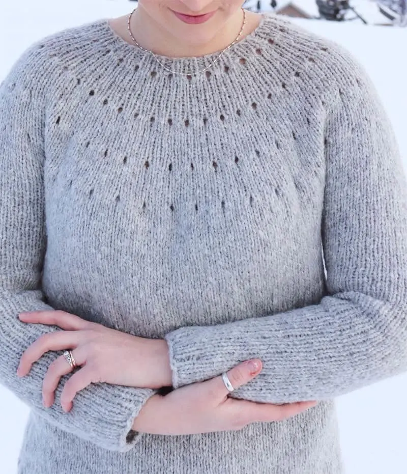 Try this easy eyelet yoke sweater knitting pattern.