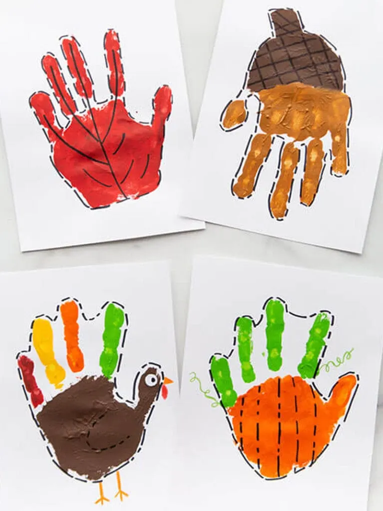 Make some of these fun fall handprint crafts. There is a turkey, pumpkin, acorn, or apple.