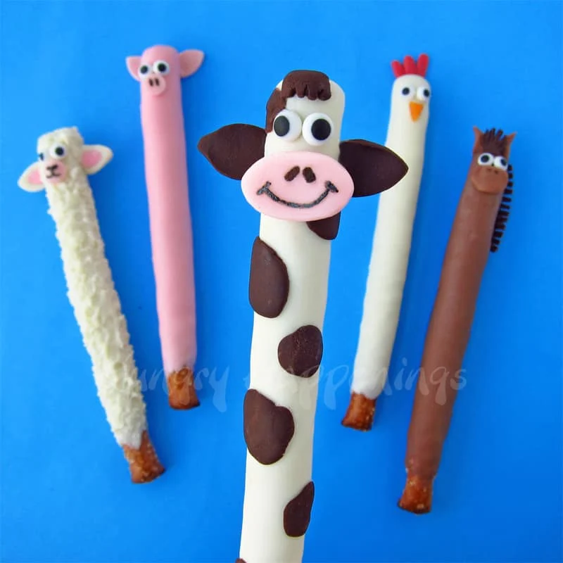 Make fun chocolate pretzel pops for a farm animal or horse theme.