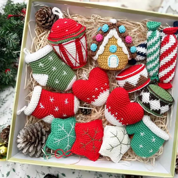 set of crocheted Christmas ornaments