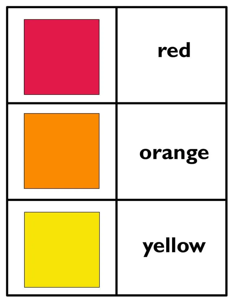 red, orange, and yellow color flash cards printable