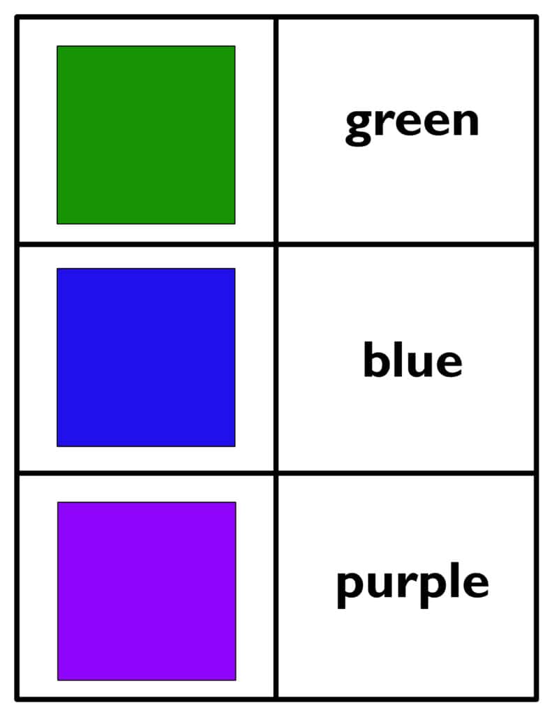 green, blue, and purple shape flashcard printable