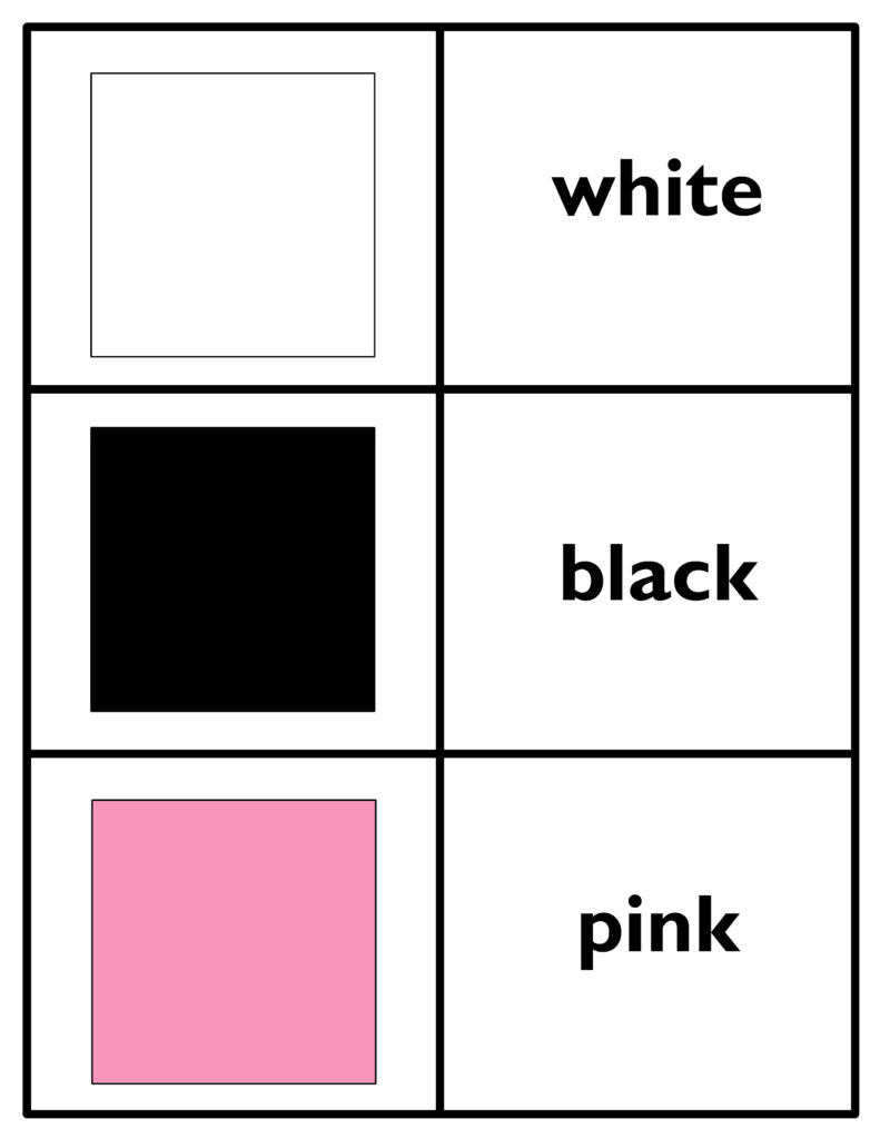 white, black, and pink color flash cards printable
