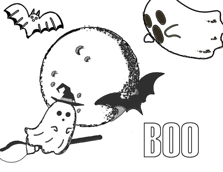 ghost, bats, moon, and boo Halloween coloring page printable