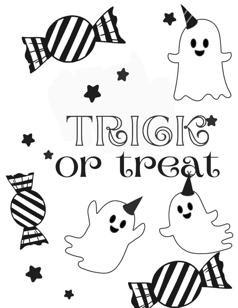 ghosts and candy trick or treat coloring page for Halloween