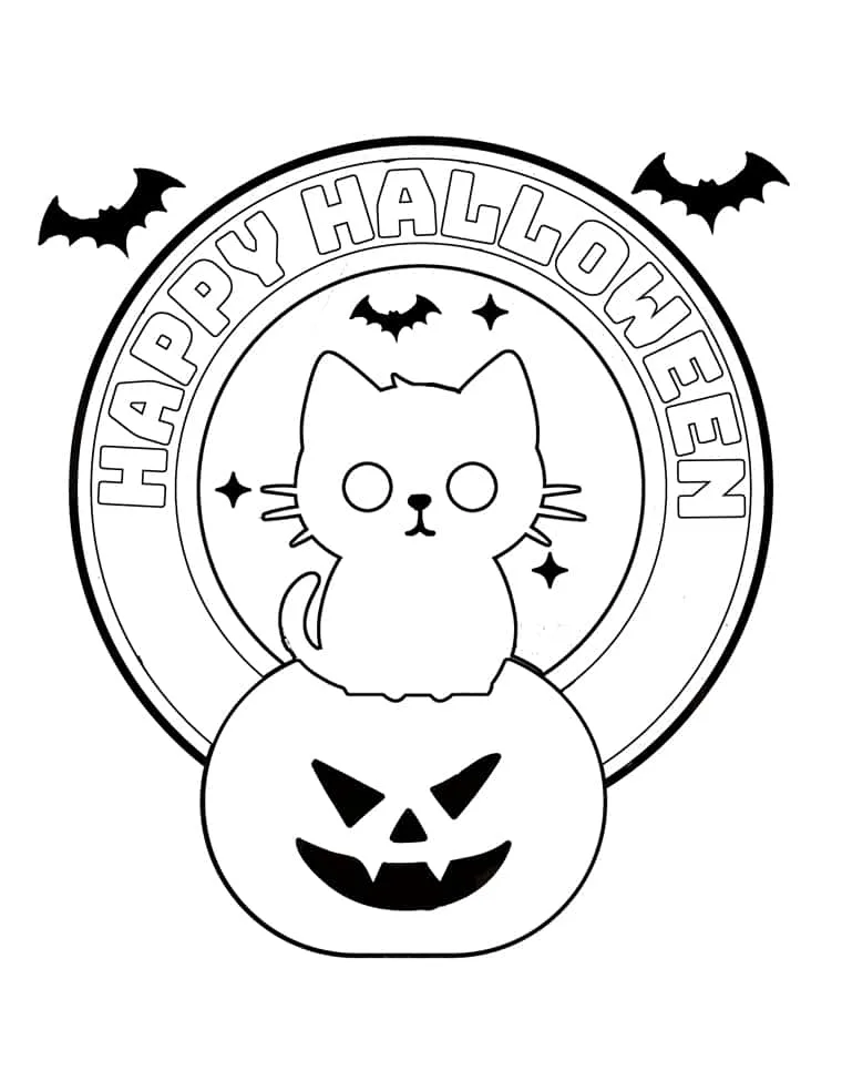 black and white outline happy Halloween cat 