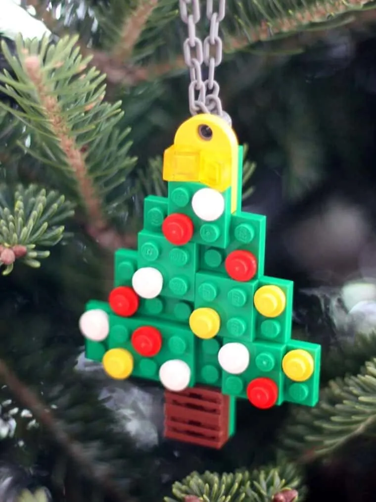 Christmas tree ornament out of Legos.