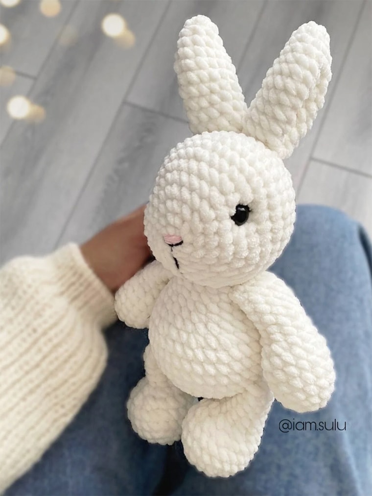 soft white crocheted amigurumi rabbit.