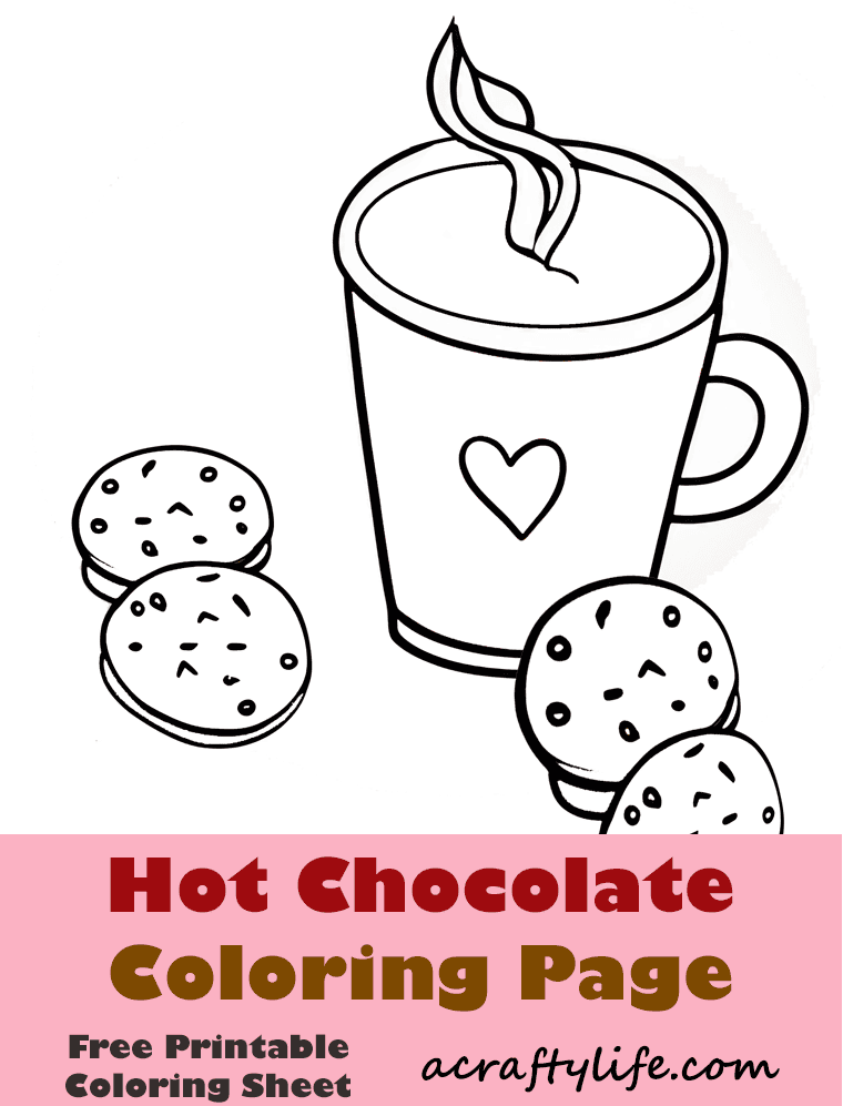 Free coloring page (printable PDF) with hot chocolate and marshmallows!