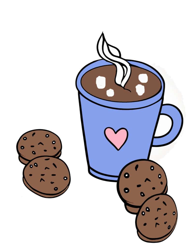 mug of hot chocolate and cookies printable coloring page