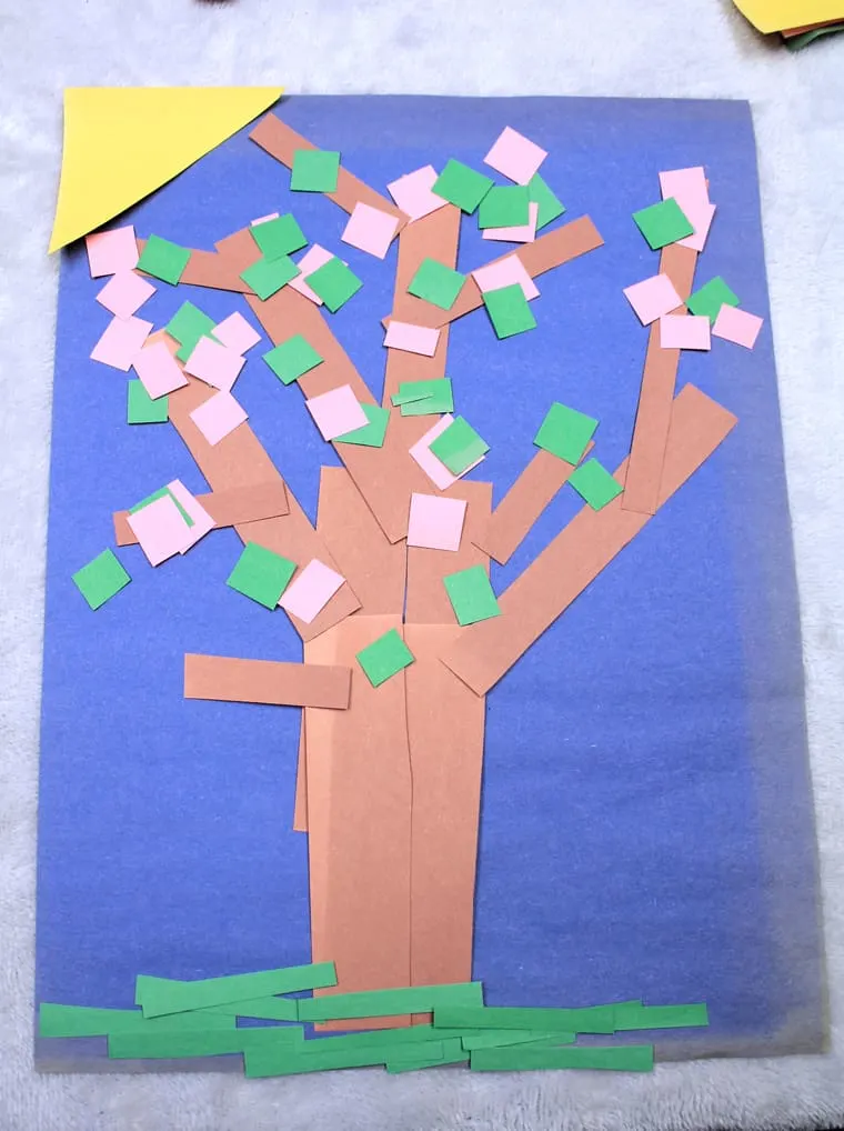 finished cherry blossom paper spring tree for preschool craft 