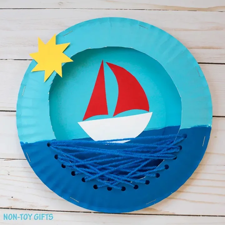 weaving paper plate boat craft