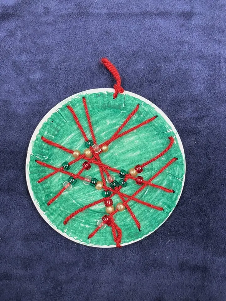 beaded Christmas ornament paper plate craft