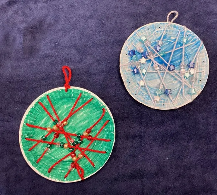 beaded Christmas ornament paper plate craft