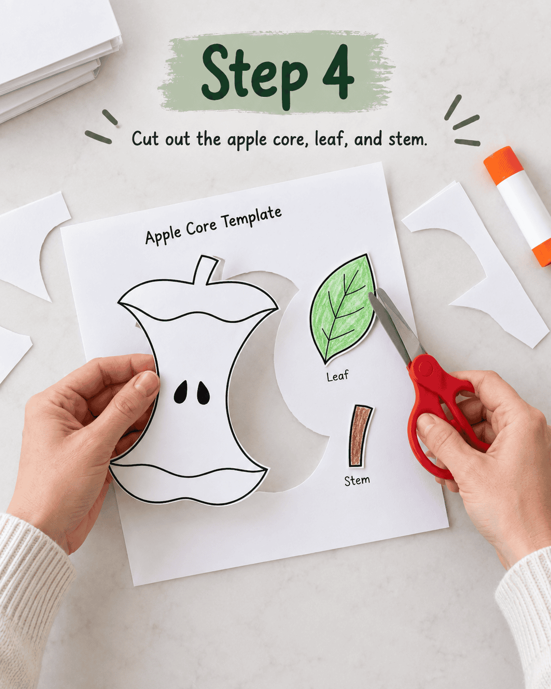 photo of step 4 of apple peel printable craft